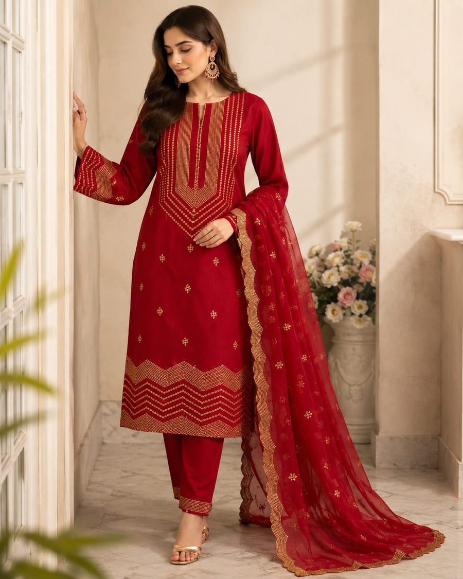 🎉 Luxury Winter Cotton 3-Piece Suit | Cross Stitch Embroidery