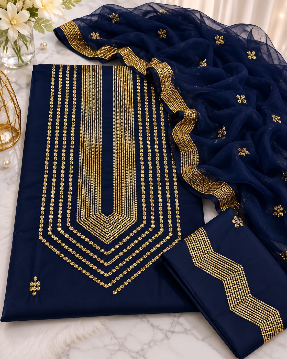 🎉 Luxury Winter Cotton 3-Piece Suit | Cross Stitch Embroidery